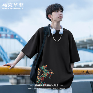 马克华菲夏季新中式国潮风动物印花短袖T恤男款黑色宽松纯棉上衣