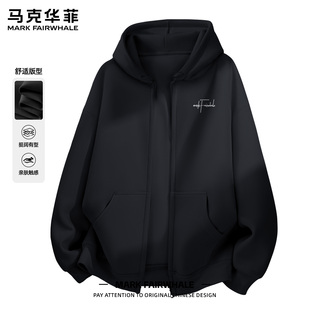 马克华菲春季新款连帽开衫卫衣男款黑色拉链外套休闲印花上衣潮牌