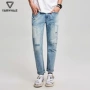 Mark Huafei nam 2018 hè mới quần jeans thời trang trắng vá quần lọt khe dài - Quần jean quần vải nam