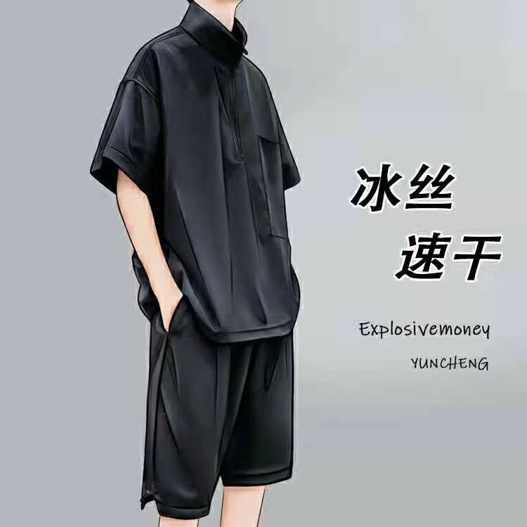 港风垂感冰丝衬衫男短袖宽松黑色高级感夏季薄款ins冰丝套装衬衣图片