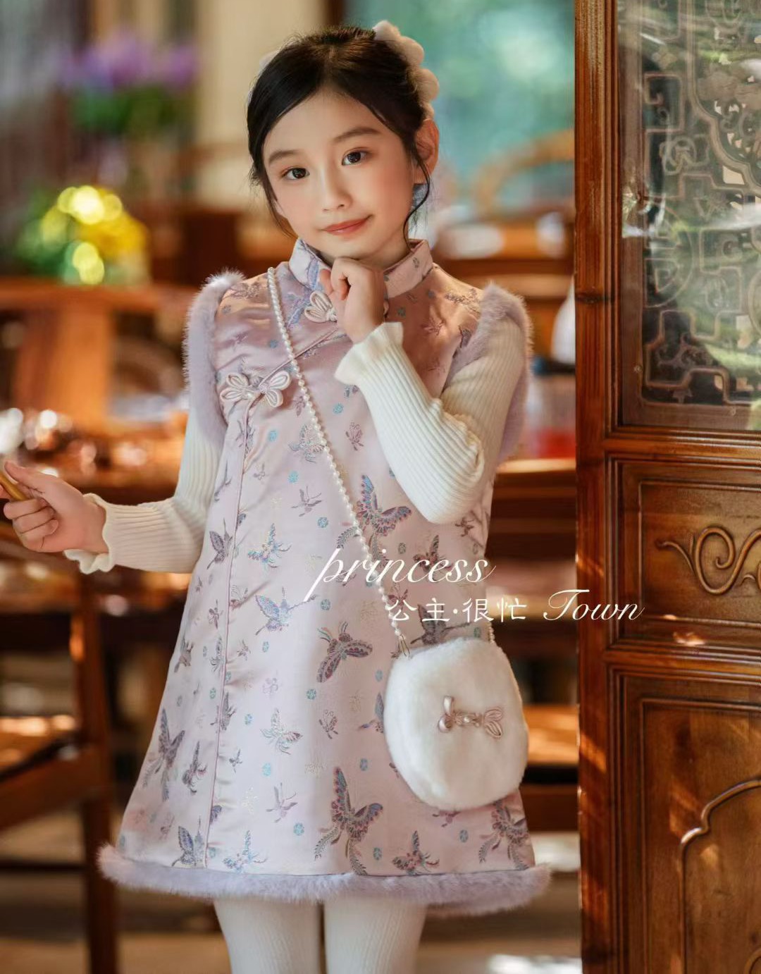 洋气小公主冬装女童蝴蝶国风旗袍连衣裙套装拜年服富家千金感裙子