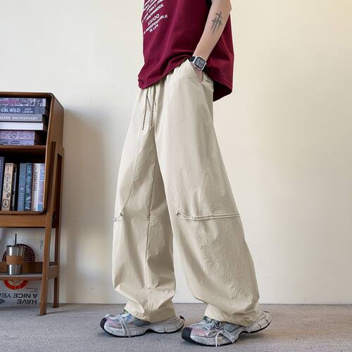 2026春夏季新款欧美日浅杏色弯刀阔腿工装宽松直筒休闲裤男pants
