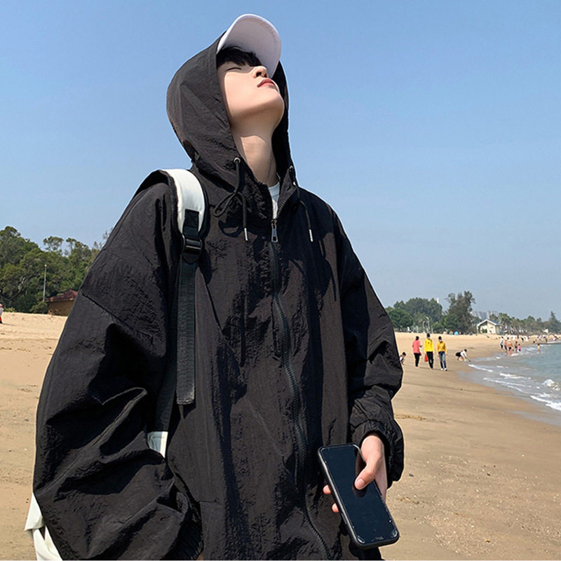防晒衣男夏季轻薄潮牌外套港风透气大码纯色遮阳宽松时尚防晒服
