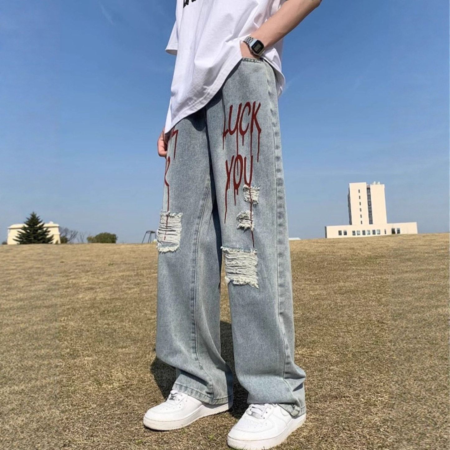 美式hiphop破洞牛仔裤男春秋薄款潮牌痞帅vibe风高街宽