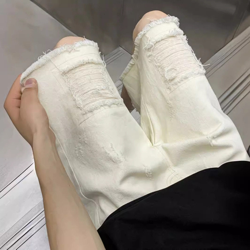 米白色美式假破洞牛仔短裤男夏季毛边过膝五分直筒潮流设计感乞丐