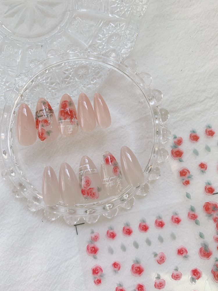日式唯美水染晕染渐变水彩玫瑰花美甲指甲贴纸花朵装饰贴片贴画