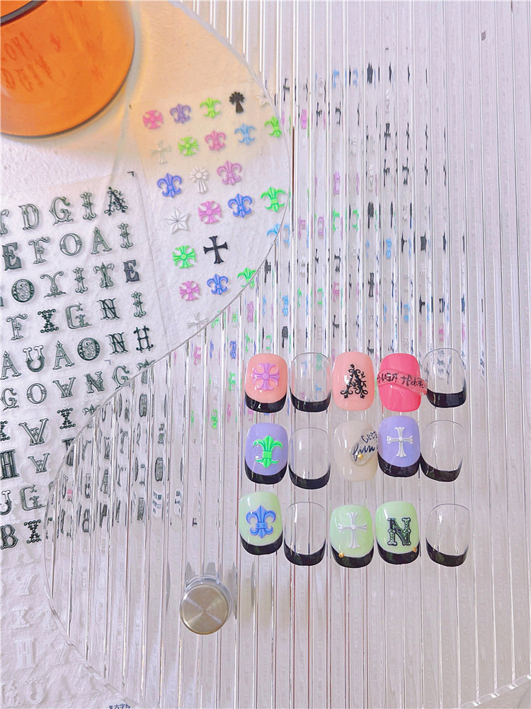 克罗星复古花体花纹字母美甲贴纸薄韧浮雕款带背胶指甲贴