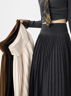 灰色风琴百褶裙长款秋冬高腰收腹显瘦a字压褶半身裙0107k