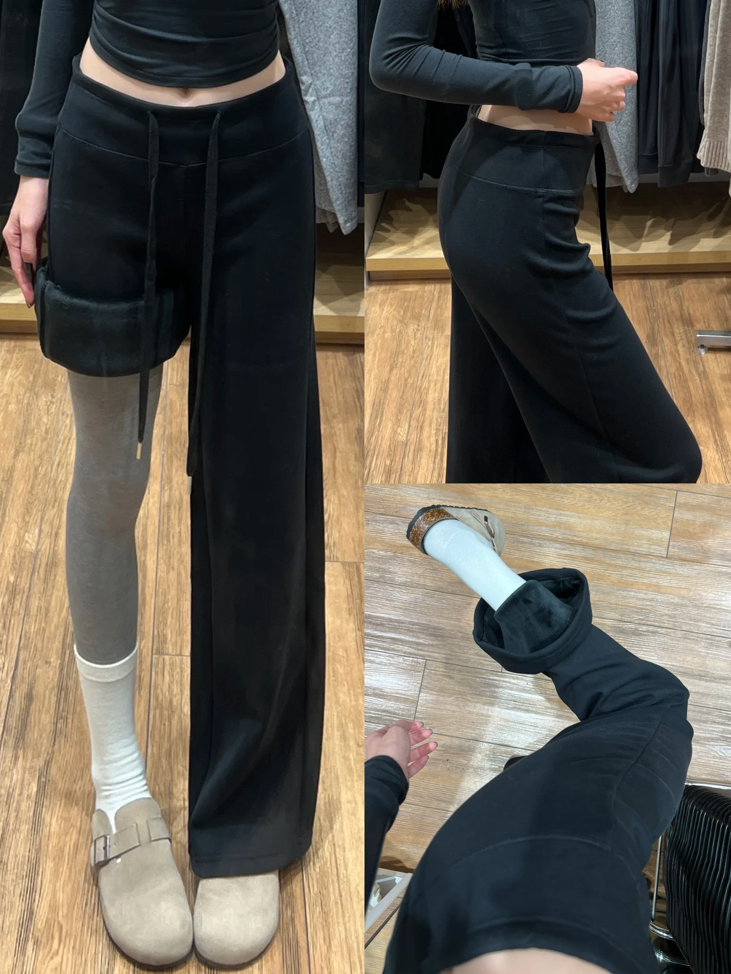 黑色加绒直筒裤女秋冬季2025新款窄版显瘦垂感阔腿裤高腰运动卫裤