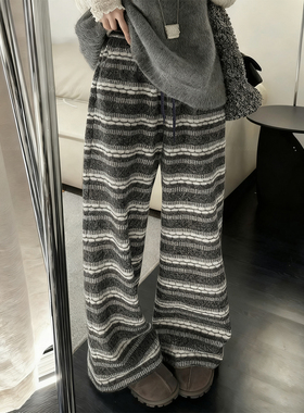 秋冬灰色提花针织阔腿裤女宽松松弛感加绒毛呢休闲条纹1208u