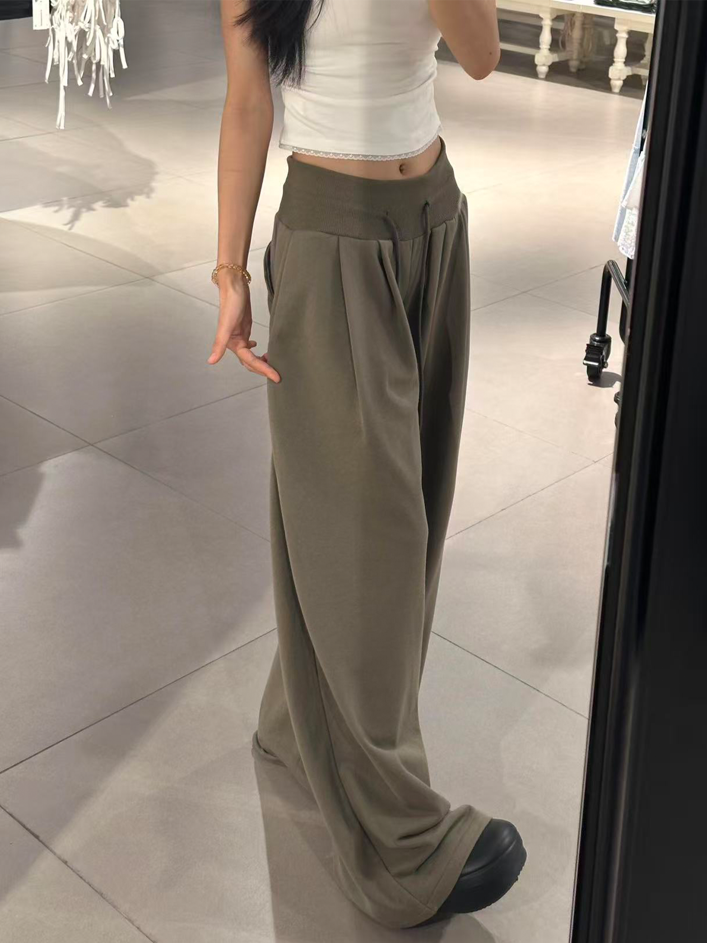 Gray Green American Sports Pants Women's Autumn 2025 New arrival Low Waist Slim Looking Drape Loose Lazy Wide Leg Pants