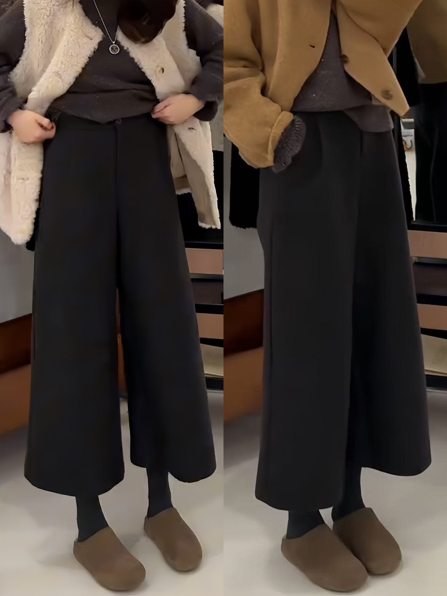 黑色毛呢八分阔腿裤女秋冬季2025年新款加厚休闲西装直筒裤小个子