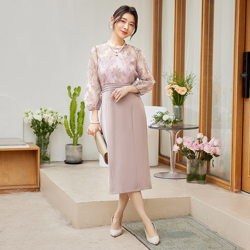 翠盈cuiying新品圆领蕾丝拼接九分袖修身优雅气质连衣裙88602