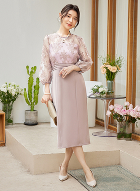 翠盈cuiying新品圆领蕾丝拼接九分袖修身优雅气质连衣裙88602