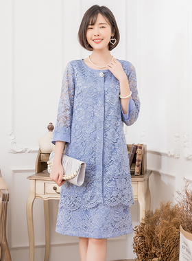 裙套装新优雅气质九分袖蕾丝外套加连衣裙裙两件88312