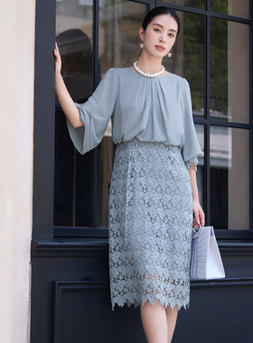 翠盈韩版通勤淑女裙新款蕾丝拼接遮臂显瘦蝙蝠袖圆领连衣裙88538