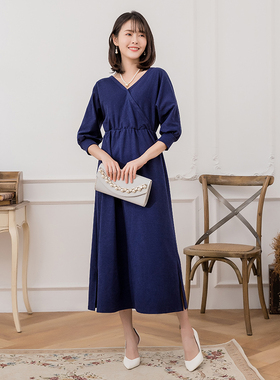 翠盈cuiying女裙新款正反两穿V领修身显瘦松紧腰长连衣裙88322