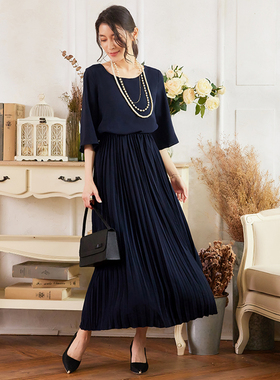 翠盈cuiying女裙日系七分袖圆领高腰优雅长款百褶连衣裙88319