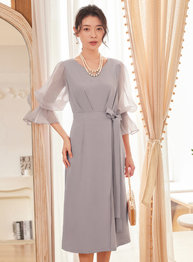 翠盈cuiying日系新品优雅气质新品v领系带收腰法式连衣裙88613