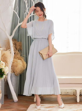 翠盈cuiying女裙日系中袖圆领高腰优雅长款百褶连衣裙88353