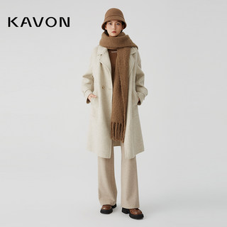 Kavon/卡汶复古花灰色H型枪驳领经典线条流畅直身款袖章长袖大衣