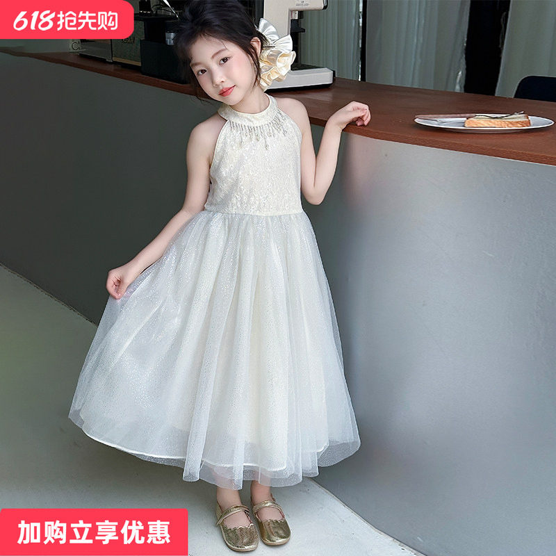 女童夏连衣裙2026新款儿童挂脖公主纱裙礼服女孩巨好看的白色裙子