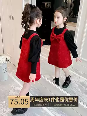 Girls ' Red dress Spring and Autumn plus velvet Western style female baby princess skirt Thickened New Year Clothes Skirt suit