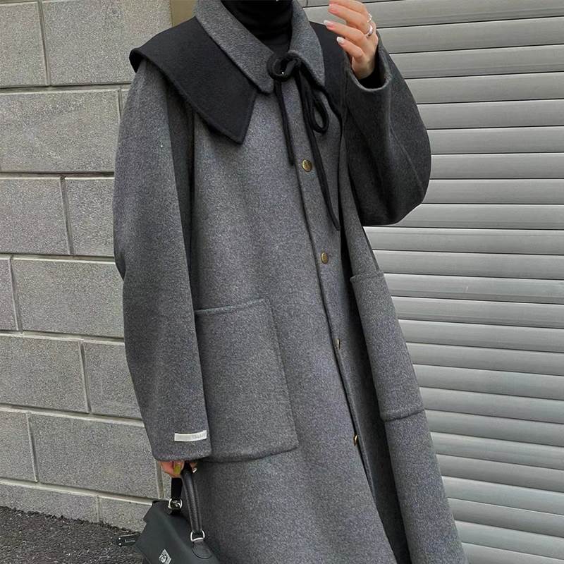 2022年秋冬新款韩国东大门娃娃领中长款双面羊绒大衣女羊毛呢外套
