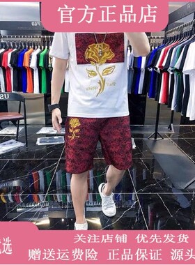 慕君衣欧洲站夏季新款休闲男士套装轻奢个性金玫瑰短袖短裤一整套