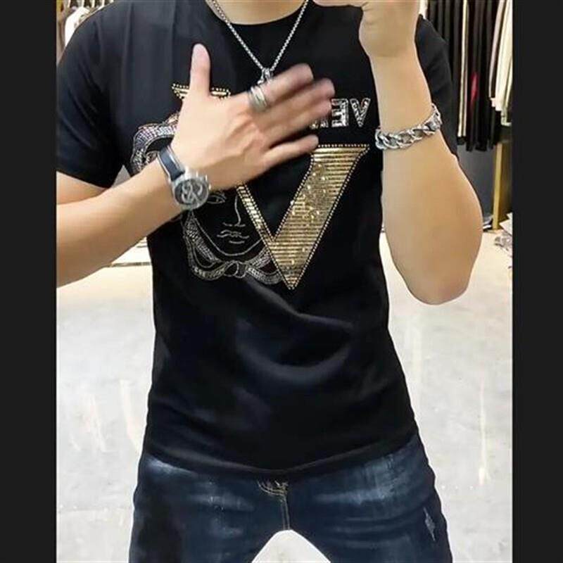 迈潮服饰店e欧货高奢水钻莱卡高档美男头烫钻男短袖T恤衫圆领半袖
