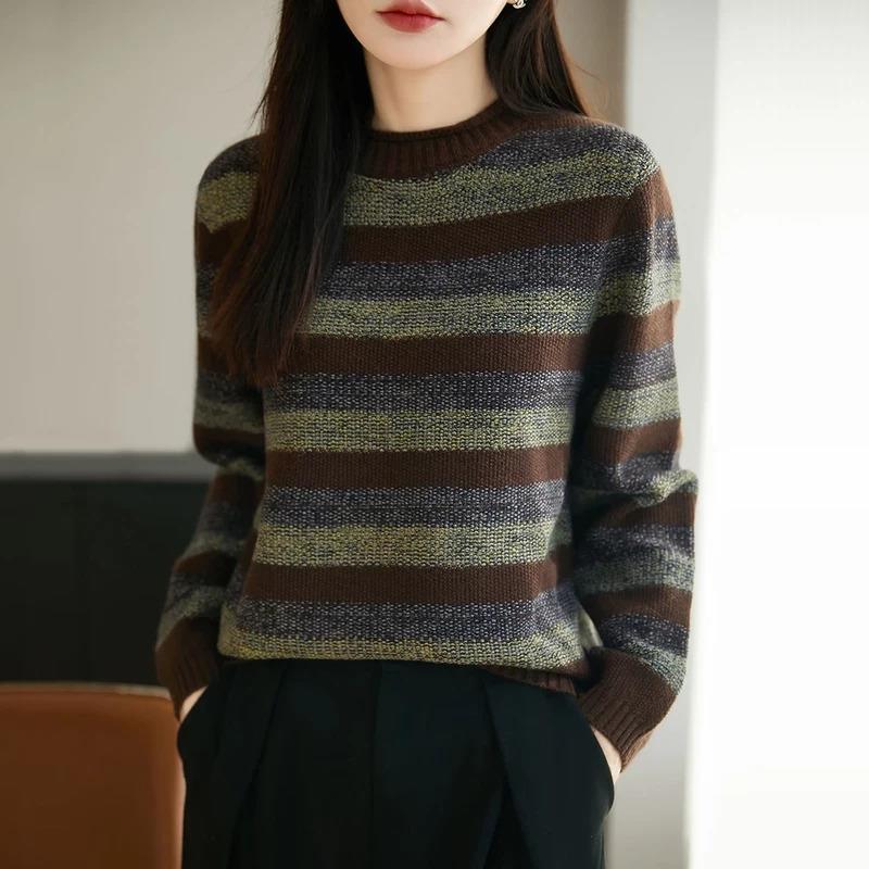 3耀芸尚精选铺秋季新气质条纹针织衫女宽松显瘦套头百搭长袖上衣