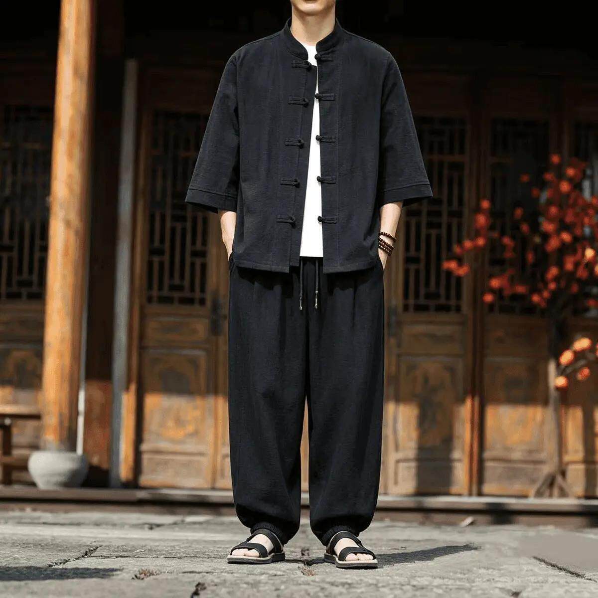 厦门隐述电子商务有限公司7七分袖衬衫复古夏中国风盘扣立领男上