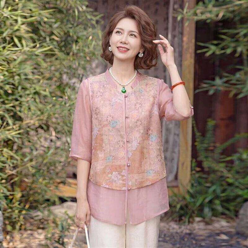 莱达靓服装专营3母亲节好礼夏靓丽无边展现女性妈妈洋气显瘦衬衫