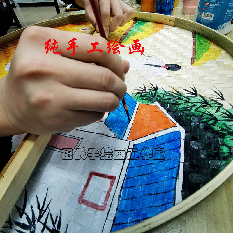 手绘竹编圆簸箕挂画梅兰竹菊装饰画背景墙壁挂饰创意墙上墙面挂件