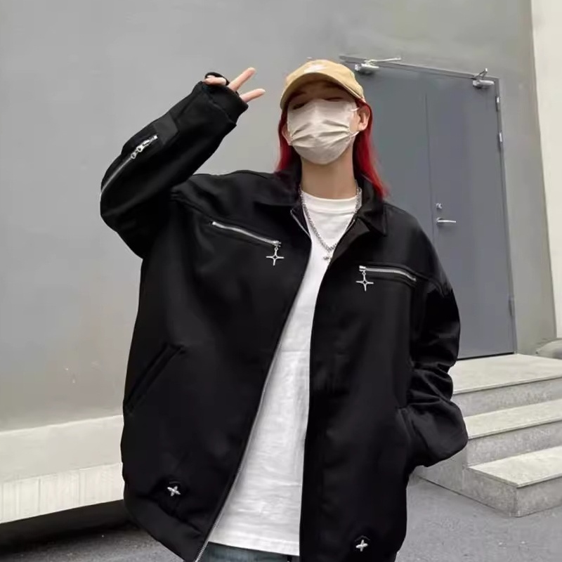 美式设计感工装外套男春秋季痞帅夹克ifashion翻领棒球服一套
