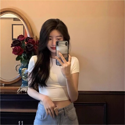 爆款短款短袖T恤女夏季新款ins修身显瘦露脐辣妹漫画身材 跨境女