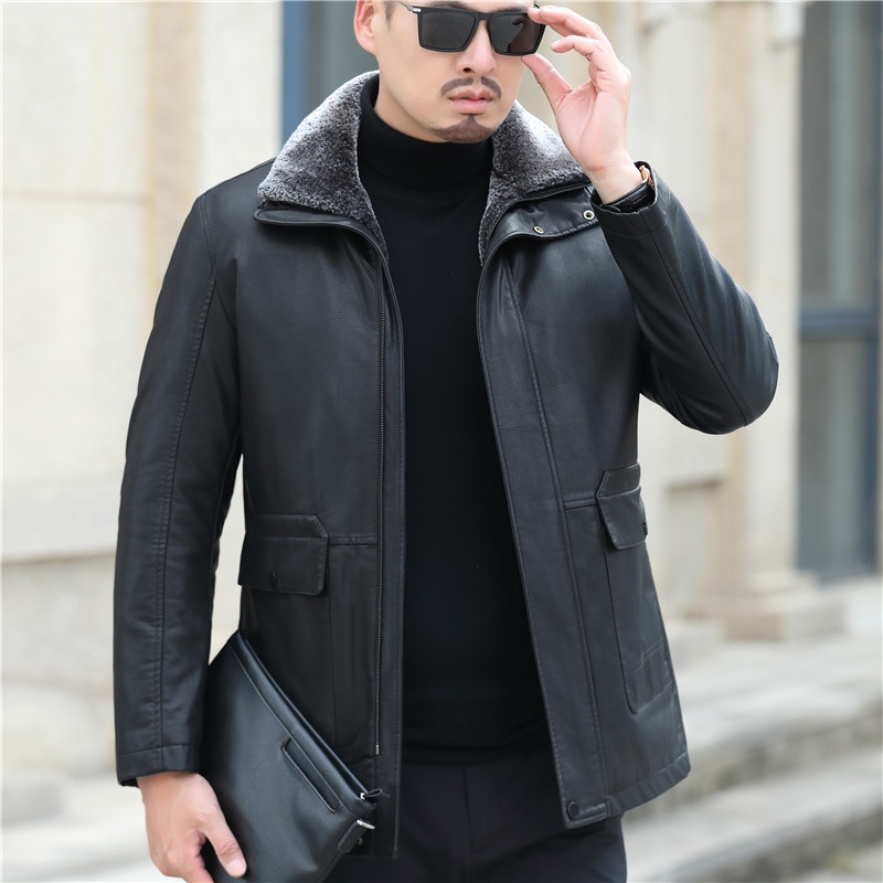 宽松真皮皮衣男加厚保暖羽绒服男士外套中年中长款爸爸装羽绒服