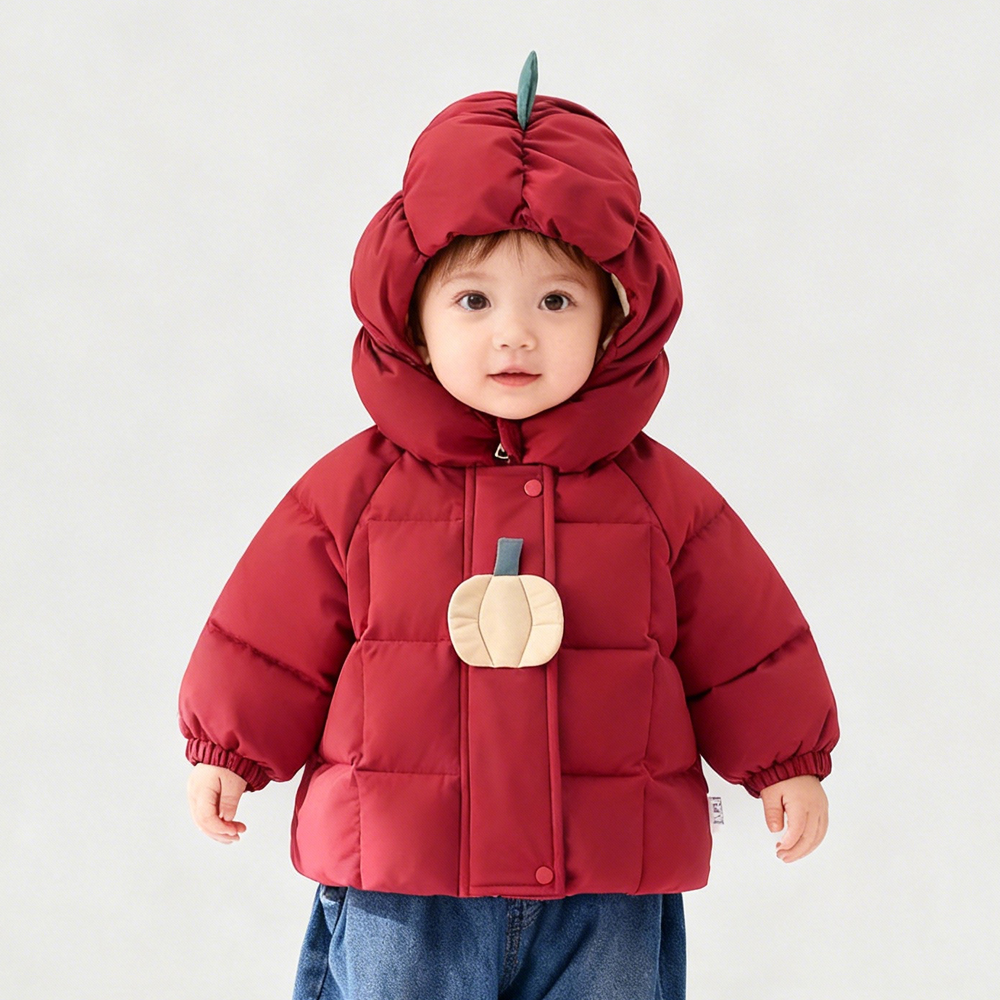 婴儿加厚保暖羽绒服男女宝宝连帽南瓜红色上衣冬装小童白鸭绒外套
