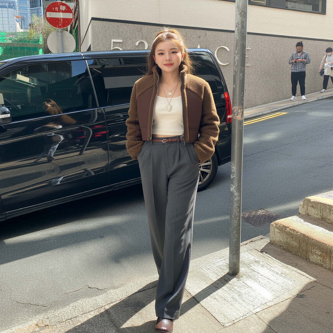 学院风高腰阔腿裤灰色直筒长裤