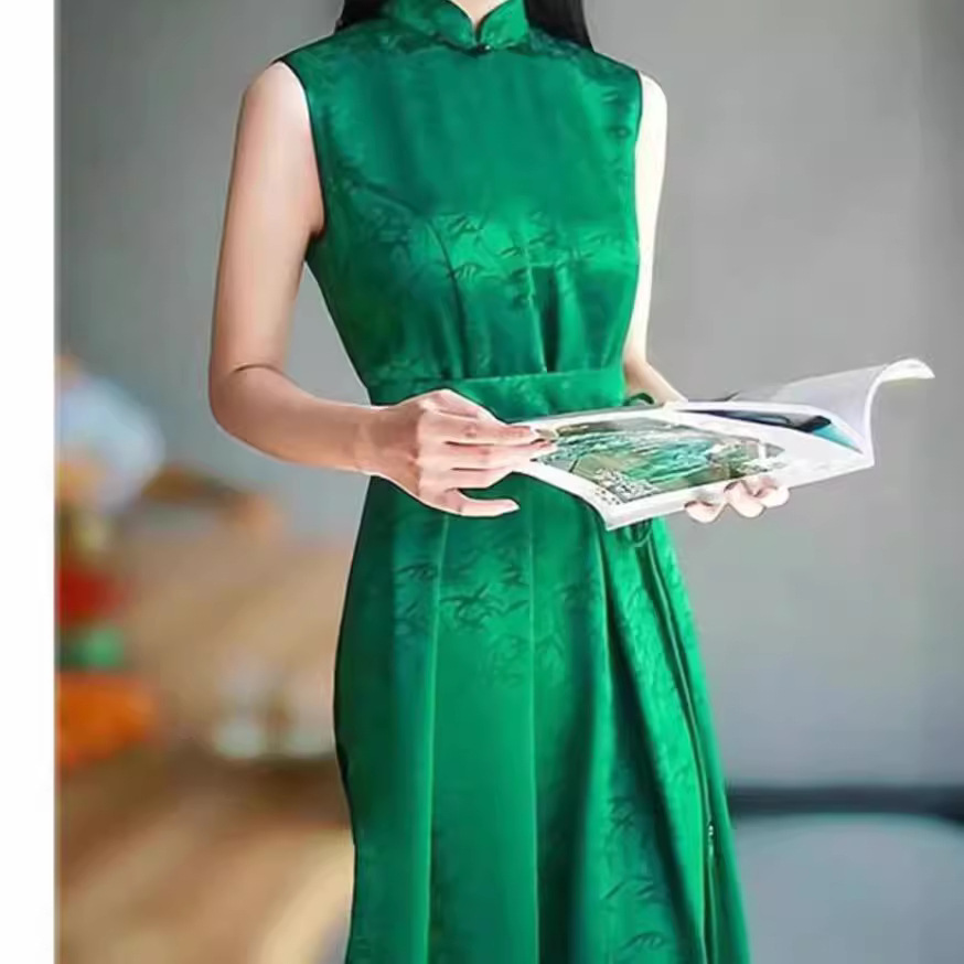 现货2025新款女收腰无袖夏高级感绿裙子改良旗袍新中式气质连衣裙