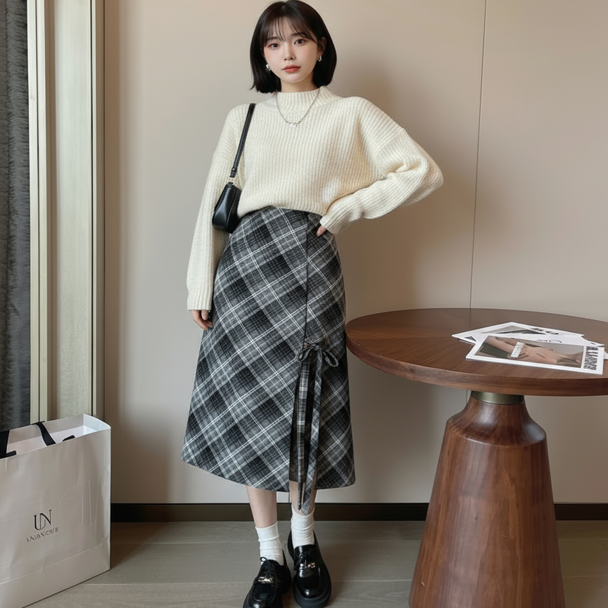 学院风格纹毛呢半身裙女中长款