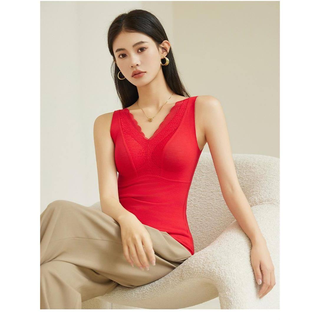 2025蛇女士本命年免穿文胸带胸垫吊带红色德绒羊毛绒蚕丝保暖背心