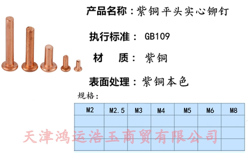 GBT109紫铜平头实心铆钉 铜铆钉Φ2Φ2.5Φ3*4/5/6/8/10/12/16/20