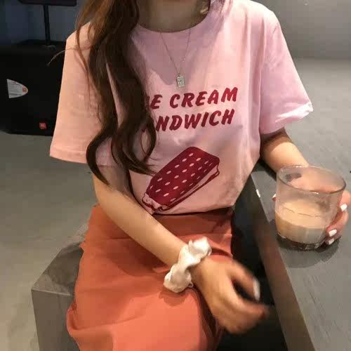 2019 Korean Edition girl Simplicity letter printing Short sleeved Easy T-shirt temperament Self cultivation Mid length version Paige skirtin the Women's clothing/Boutique , T-shirt  category - from Buy2taobao.com to provide professional Taobao agent buy service