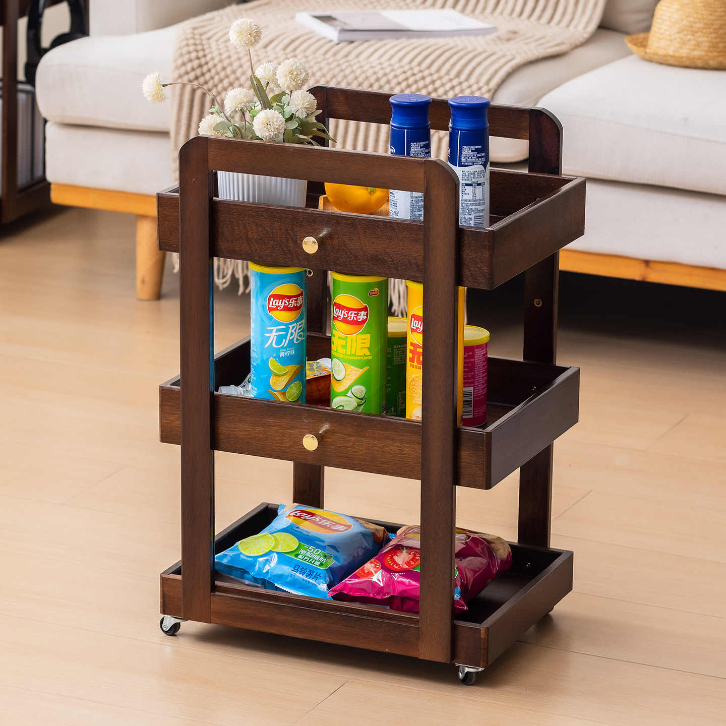 全实木小推车置物架书架可移动收纳架沙发侧边零食储物架带轮边几,住宅家具,移动边几/推车,淘宝优惠券,粉丝福利购,淘宝优惠卷