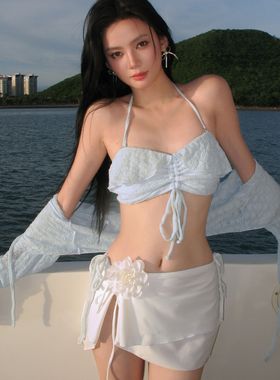 2024新款清新纯欲比基尼四件套小胸挂脖防晒分体显瘦度假泳衣4134