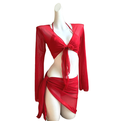 新款时尚Bikini性感辣妹比基尼裙式四件套温泉度假泳衣2415