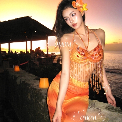 omom2025新款海岛度假比基尼四件套渐变鱼尾沙滩裙性感显瘦女泳衣