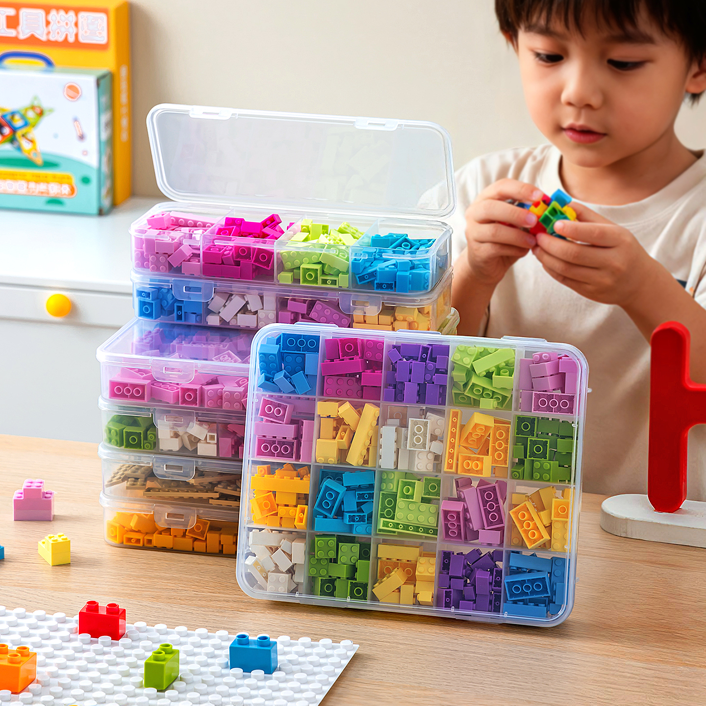 积木收纳盒拼装高乐零件分格透明整理箱益智玩具拼图小颗粒分类盒