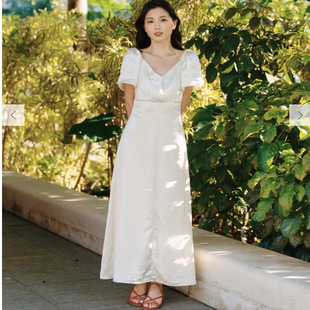 香港ALESHIA正品 名级风公主肩高腰剪裁光泽感连衣长裙Venice 代购